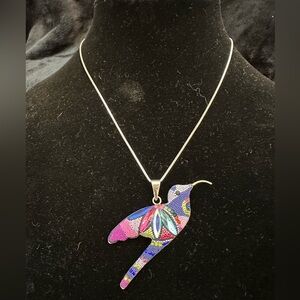 Sterling 925 Silver Glass and Bead Hummingbird Pendant and Chain NWOT